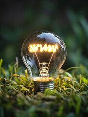 Aufkleber - Vintage style light bulb glowing bright surrounded by lush green grass in nature : Generative AI