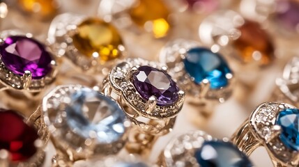 Aufkleber - Glistening Collection of Colorful Gemstone Rings Displayed Elegantly for Jewelry Enthusiasts : Generative AI