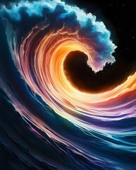 Wall Mural - A vibrant wave swirls dramatically, showcasing a stunning blend of colors from deep blue to fiery orange and bright pink. The dynamic motion captures the essence of natural forces in a vivid way