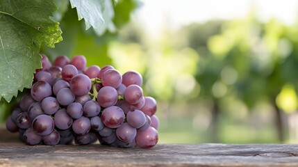 Aufkleber - Fresh plump red grapes on wooden surface with blurred vineyard background : Generative AI