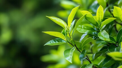 Poster - Close Up View of Vibrant Green Leaves on a Natural Branch with a Soft Background : Generative AI