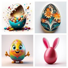 Poster - Four diverse Easter egg designs: one cracked with candies, an ornate floral paper-cut, a cheerful cartoon, and a simple pink bunny egg.