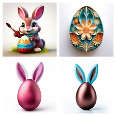 Poster - Four Easter themed images show a bunny painting a decorated egg, a floral patterned egg, and two eggs adorned with bunny ears, all in bright colors.