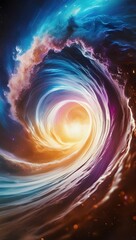 Wall Mural - A swirling vortex of vivid colors creates a dynamic and mesmerizing spiral, drawing the eye toward a bright central point. The interplay of blues, purples, and oranges gives a sense of cosmic energy