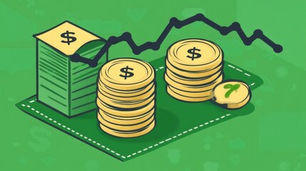 Declining Financial Performance:  Stacks of coins and cash represent a downward trend in finances, highlighting economic downturn or investment losses.