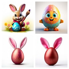Poster - Collage of Easter themed images includes a bunny painting an egg, a happy cartoon egg, and two eggs with bunny ears on a white backdrop.