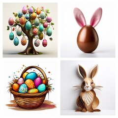 Poster - Collage showing Easter themes: a decorative egg tree, a chocolate bunny egg, a basket of bright eggs, and a wooden rabbit figure.