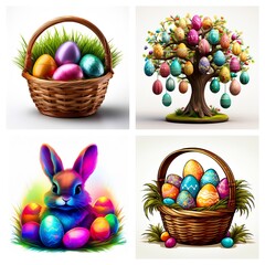 Poster - Four images showcase Easter themes. Baskets brimming with colorful eggs, a tree adorned with eggs, and a vibrant bunny surrounded by Easter eggs.