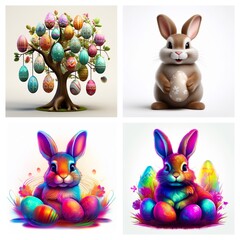 Poster - Festive Easter images with colorful decorated eggs hanging from a tree and cute bunnies with vibrant eggs, celebrating the spring holiday.