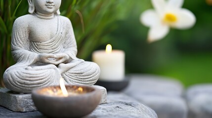 Poster - Serene Buddha statue with candles and flower creating tranquil garden ambiance : Generative AI