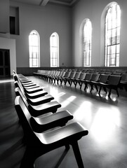 Aufkleber - Sleek Modern Church Interior Featuring Rows of Minimalistic Wooden Benches and Beautiful Windows : Generative AI