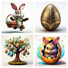 Poster - Four Easter themed images display a happy bunny carrying a basket with colorful eggs, a golden decorated egg, an egg tree, and a cute bunny hatching from a cracked egg.