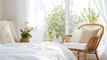 Poster - Bright and Airy Bedroom with Rattan Chair and Cozy Decor in Natural Light : Generative AI