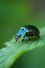 Poster - Close-Up of a Stunning Iridescent Green Beetle on a Leaf : Generative AI