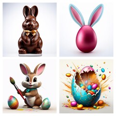 Poster - Four Easter themed images display chocolate bunny, egg with bunny ears, bunny painting egg, and cracked egg with candy.