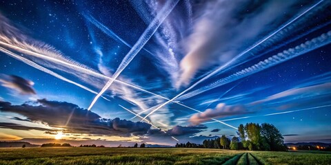Wall Mural - Stunning Night Sky: Bright Blue Celestial Canvas with Contrails and Clouds