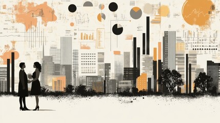 Poster - Urban Exchange: A Silhouette of Businesswomen Against a Cityscape Backdrop of Data and Charts