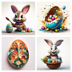 Poster - Four images display Easter themed art with bunnies and decorated eggs. One bunny paints an egg, another holds a basket with eggs. Eggs are in varied artistic styles.
