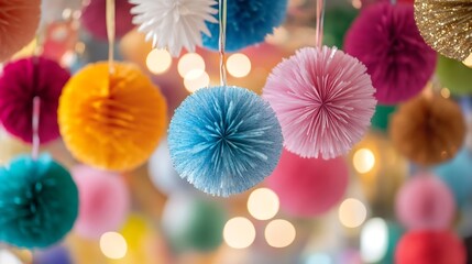 Poster - Colorful Paper Pom Poms Hanging Decor in a Bright Event Setting with Soft Focus Background : Generative AI