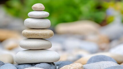 Poster - Balanced Pebble Stack in a Meditative Zen Garden Setting for Relaxation : Generative AI