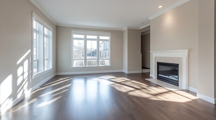Poster - Spacious and bright empty living room interior with large windows and elegant fireplace design : Generative AI