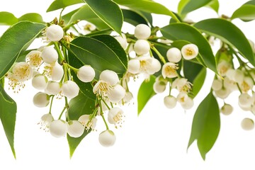 Wall Mural - Branch of cherry tree with flowers and leaves isolated on white background