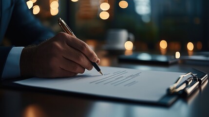 Poster - Professional Hand Writing on Document in Modern Office, Focus on Financial Marketing and Economic Investment Strategies Under Soft Lighting