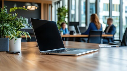 Poster - Modern Workspace with Laptop and Professionals Engaged in Financial Marketing and Economic Investment Discussions