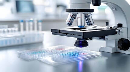Poster - Close up detail of a fluorescent DNA microarray slide being examined under a powerful microscope in a high tech scientific research laboratory