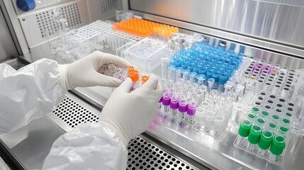 Poster - Closeup view of hands wearing sterile gloves carefully handling PCR tubes inside a biosafety cabinet representing the precise and controlled procedures involved in scientific research
