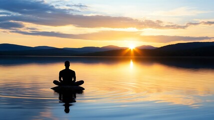 Aufkleber - A peaceful sunset scene with a silhouetted person meditating on a rock in the middle of calm water : Generative AI