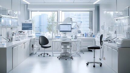 Poster - Futuristic and high tech genetic engineering laboratory equipped with CRISPR Cas9 gene editing tools showcasing the latest advancements in medical research and biotechnology