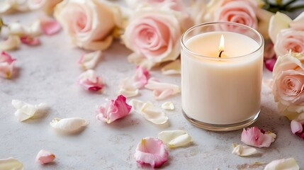Aufkleber - Elegant Scented Candle Surrounded by Soft Pink Roses and Petals on a Chic Surface : Generative AI
