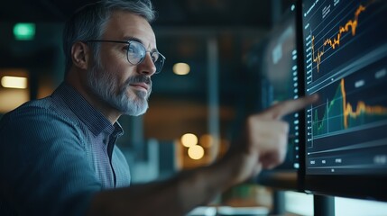 Poster - Business Analyst Examining Financial Data on Digital Screen in Modern Office Environment with Financial Graphs and Trends