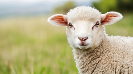 Aufkleber - Adorable Close Up of a Playful Lamb with Fluffy Wool in a Green Field : Generative AI