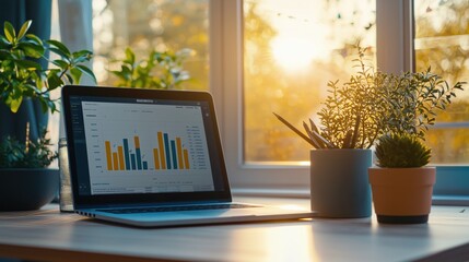 Poster - Modern Workspace with Laptop Displaying Financial Charts Surrounded by Plants and Warm Sunlight in a Cozy Environment