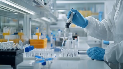 Poster - Professional scientist carefully using a micropipette to precisely transfer DNA samples for analysis in a clean sterile laboratory setting  The image showcases the scientific equipment workspace
