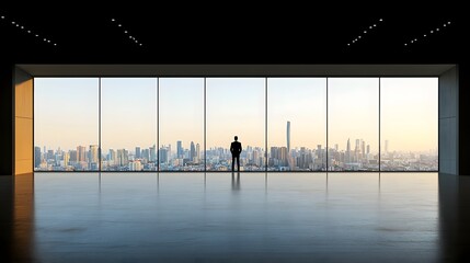 Poster - Silhouetted Businessman Standing Tall in Front of Panoramic Window Overlooking Cityscape at Dawn  Concept of Corporate Leadership Vision and Future Potential