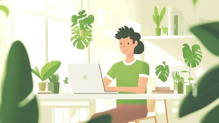 Poster - An eco-friendly business founder using a laptop in a minimalist, sustainable workspace.