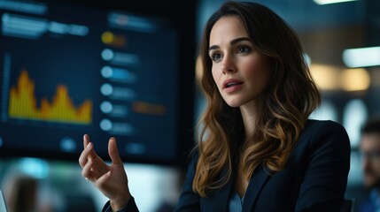 Poster - Businesswoman Discussing Financial Strategies with Market Data Displays in Modern Office Environment