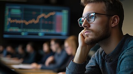Poster - Focused Business Professional Contemplating Financial Strategies in a Modern Office Setting with Stock Market Charts in Background