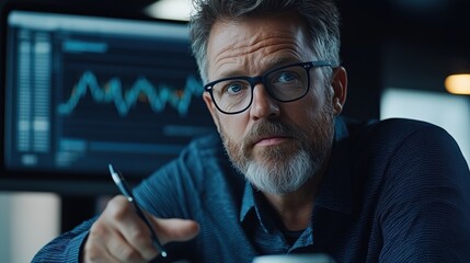 Poster - Professional Financial Advisor Analyzing Market Trends with Graphs and Data on Computer Screen in Modern Office Setting