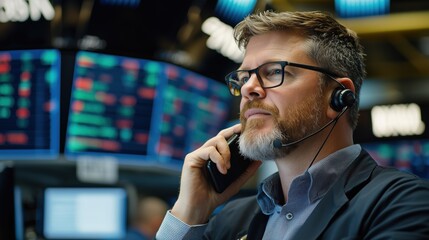 Poster - Professional Trader Concentrates on Stock Market Data and Economic Trends While Using Headset in Financial Office Environment