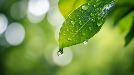 Aufkleber - Water Droplets on Green Leaf with Blurred Background of Nature  : Generative AI