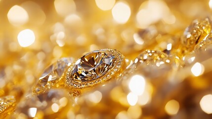 Aufkleber - Close Up View of Sparkling Gold and Diamond Jewelry on a Glimmering Surface : Generative AI