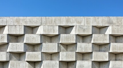 Poster - A striking modern building wall features bold geometric patterns creating a fascinating interplay of shadow and light against the vibrant blue sky. The design highlights contemporary architecture