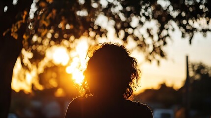 Poster - Silhouette of a Woman Gazing at the Sunset Through the Trees : Generative AI