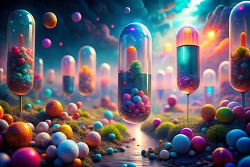 Poster - Surreal Floating Colorful Capsules in Dreamlike Landscape - Abstract Art Photography