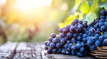 Poster - Freshly Harvested Grapes on Wooden Table Bathed in Golden Sunlight : Generative AI