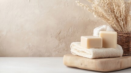 Poster - Elegant Handcrafted Soap on Wooden Tray with Soft Towels and Dried Flowers in Natural Setting : Generative AI